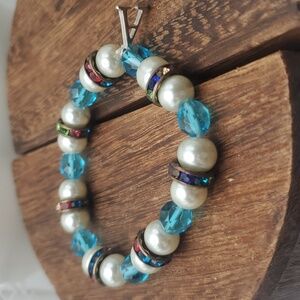 B2223 rainbow crystal blue and pearl beaded sterling A silver initial‎ bracelet